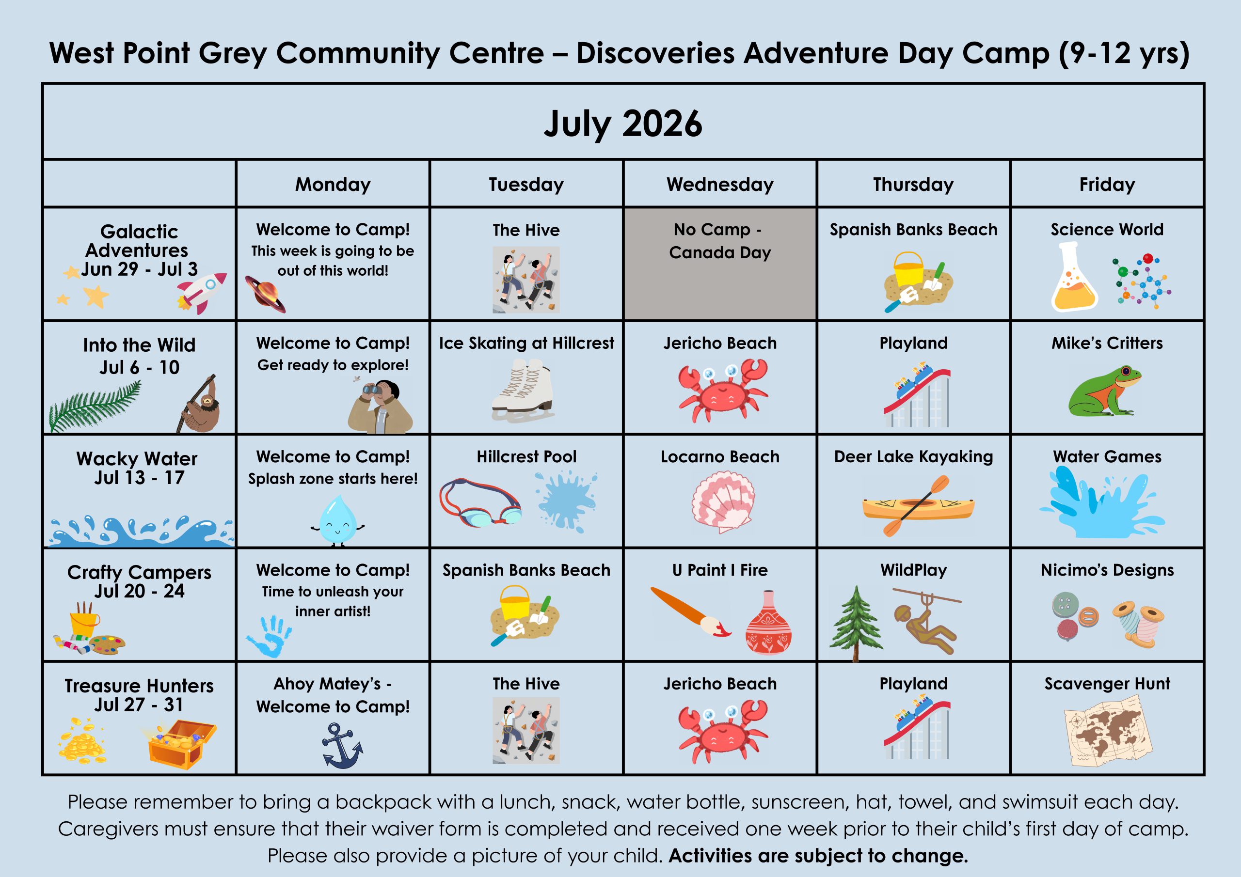 July Discoveries Adventure Day Camps (9-12 yrs)